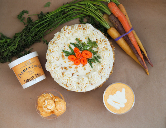 Photograph of carrot cake with carrots and Clementines Carrot Cake ice cream